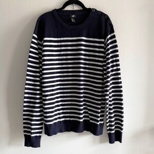 H&M Stripe Sweater XL Navy White Coastal Preppy Nautical Cotton Button Accent